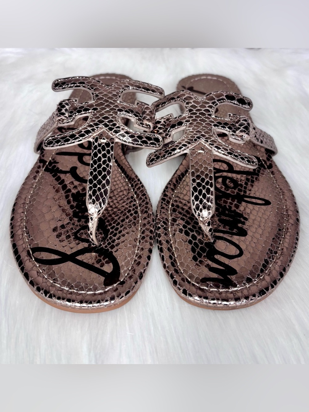 SAM EDELMAN Metallic Snake-Embossed Sandals - Picture 4 of 11
